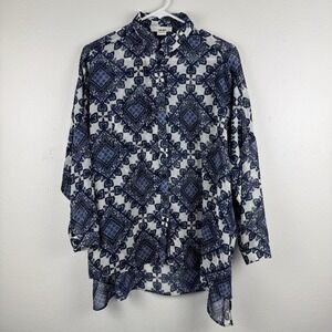 SANS SOUCI Womens Sheer button up shirt blouse Blue Boho Geometric - S